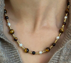 Yellow Tiger Eye Pearl Necklace and Bracelet