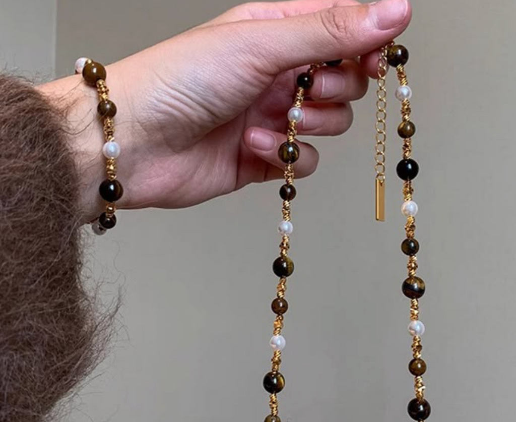 Yellow Tiger Eye Pearl Necklace and Bracelet
