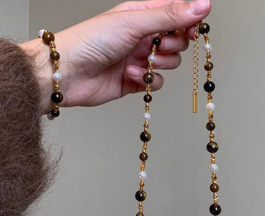Yellow Tiger Eye Pearl Necklace and Bracelet